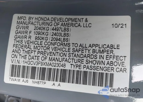 2021 Honda Accord Touring z USA, uszkodzony, nr VIN 1HGCV3F9XMA023048
